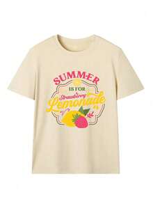 Women's Strawberry Lemonade Graphic T-Shirt, Cute Fruit Print Crew Neck Short Sleeve Tee, Y2K Aesthetic Summer Preppy Style, Loose Fit Breathable Casual Top, Coquette Kawaii Vacation Wear, Trendy Sweet Daily Shirt, Perfect for Beach Vacation, Summer Festival, Picnic, Bachelorette Party, Daily Casual, Weekend Outing, City Stroll, Coffee Date, Pool Party, Travel, Street Style Look, Summer Hangout, College Campus Wear, Resort Outfit, Lemon Themed Event - Albaricoque - Ver 3