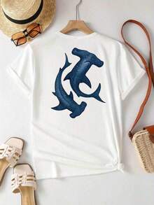 Camiseta Casual 2026 de Verano, Manga Corta, Estilo Y2K, Camiseta Deportiva Casual para Mujer, Cuello Redondo, Manga Corta, Diseño Creativo, Estampado de Vida Marina "Tiburón", Impresión a Doble Cara, Top de Diseño Creativo, Moda de Verano, Corte Holgado, Ligeramente Elástica, Ropa de Color Sólido con Cuello Redondo Suave, Moda de Verano, Corte Holgado, Top Casual de Manga Corta para Uso Diario. Ropa de Verano para Mujer de Talla Grande, Ropa Gratuita para el Día de la Independencia Nacional, 100% Algodón, Duradera - Blanco - Ver 2