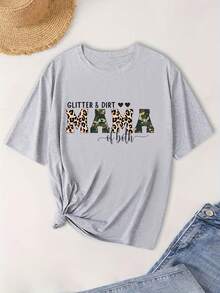 Camiseta de moda de talla grande, manga corta, con letras brillantes y cuello redondo. - Gris Claro - Ver 1