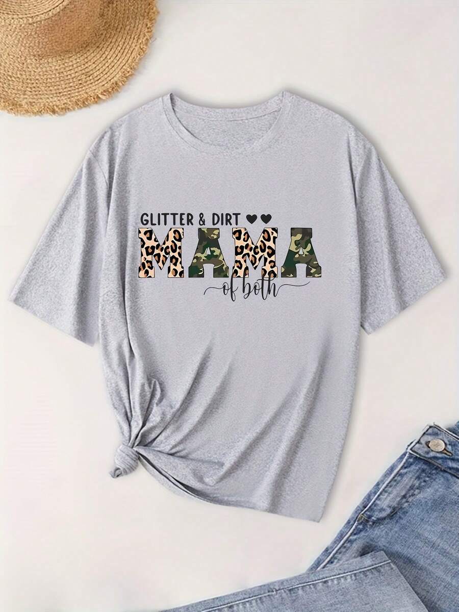 Camiseta de moda de talla grande, manga corta, con letras brillantes y cuello redondo. - Gris Claro - Ver 1