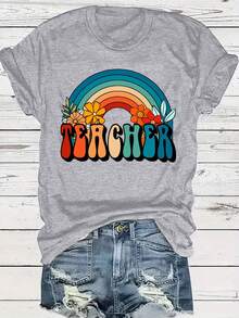 Camiseta de talla grande, manga corta, con estampado de ARCOÍRIS TEACHER, cuello redondo. - Gris Claro - Ver 5