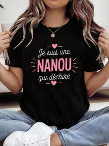 Camiseta con estampado de letras y apodo francés Nanou Super Cool, de manga corta y cuello redondo, top casual para verano y primavera, ropa de mujer - Negro - Ver 6