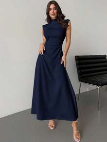 Vestido maxi de línea A con cuello alto, sin mangas, con volantes, elegante y romántico, color blanco, adecuado para citas, uso diario y el trabajo - Azul marino - Ver 7