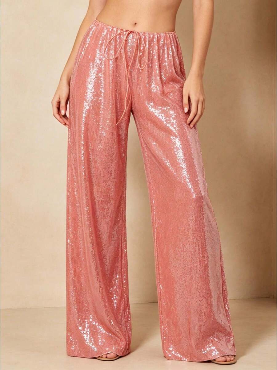 Women's Sparkle Sequin Pants Lightweight Elastic Waist Wide Leg Loose Pants Trousers - Naranja - Ver 1