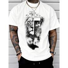 Women's Short-Sleeved T-Shirt, 100% Cotton, Classic Cut, Lion And Jesus Print, Round Neck, Casual Everyday Top For Summer, Women's Clothing, White Color, Summer Style. - 白色 - 查看 5