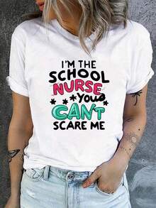 1 pieza, camiseta de manga corta de algodón puro clásica y versátil, ideal para usar en cualquier estación, con dise?o de impresión de enfermera femenina y estilo moderno - Blanco - Ver 1