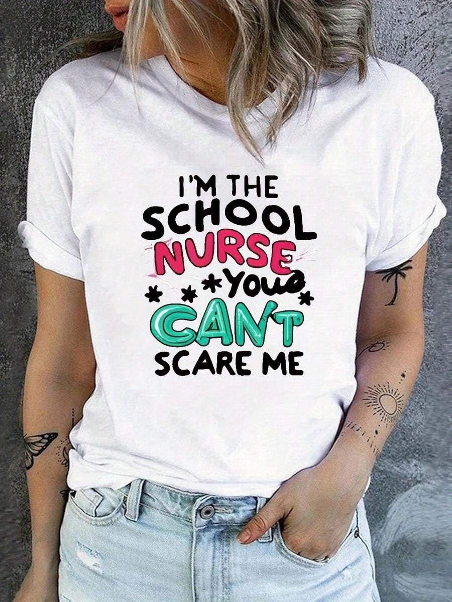1 pieza, camiseta de manga corta de algodón puro clásica y versátil, ideal para usar en cualquier estación, con dise?o de impresión de enfermera femenina y estilo moderno - Blanco - Ver 1