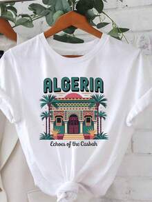 Camiseta de Mujer Talla Grande, ALGERIA Echoes of the Casbah con Estampado Gráfico, Camiseta de Mujer de Talla Grande, Manga Corta, Cuello Redondo, Top Casual para Verano y Primavera, Ropa de Mujer, Camisetas para Salir de Noche para Mujer - Blanco - Ver 7
