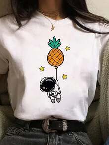 Camiseta de Mujer con Estampado de Astronauta de Dibujos Animados y Piña, Blusa para Salir para Mujer - Blanco - Ver 1