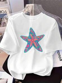 Camiseta de algodón puro para mujer con estampado floral de estrellas de mar coloridas 2026 - Cuello redondo - Diseño ligero de fantasía casual para primavera/verano y vacaciones con cita icónica - Lavable a máquina - Ropa casual cómoda y camiseta para fiestas de vacaciones. - Blanco - Ver 1