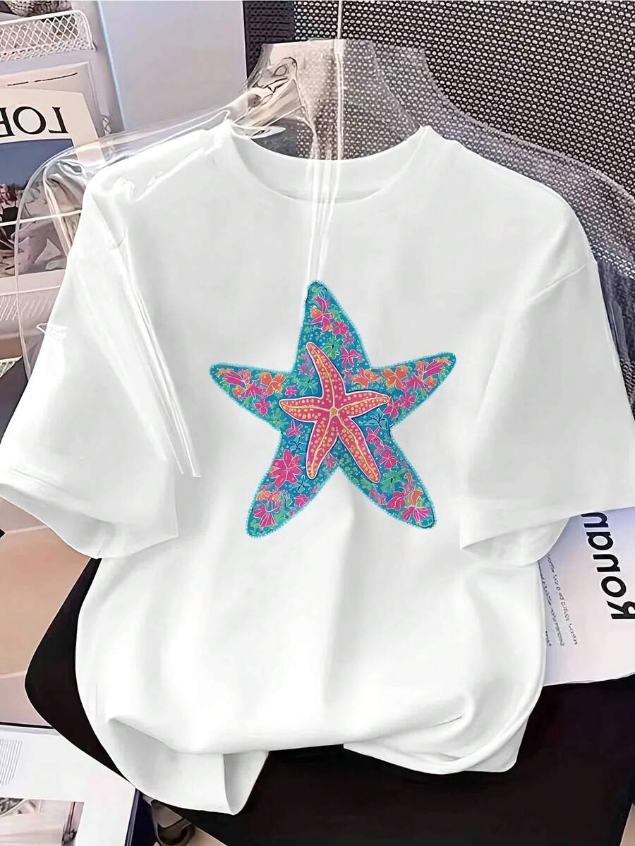 Camiseta de algodón puro para mujer con estampado floral de estrellas de mar coloridas 2026 - Cuello redondo - Diseño ligero de fantasía casual para primavera/verano y vacaciones con cita icónica - Lavable a máquina - Ropa casual cómoda y camiseta para fiestas de vacaciones. - Blanco - Ver 1