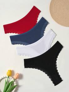 4pcs Women's White Lace Trim Ribbed Comfortable Ultra-Thin Breathable Minimalist Solid Color Thong - Multicolor - View 3