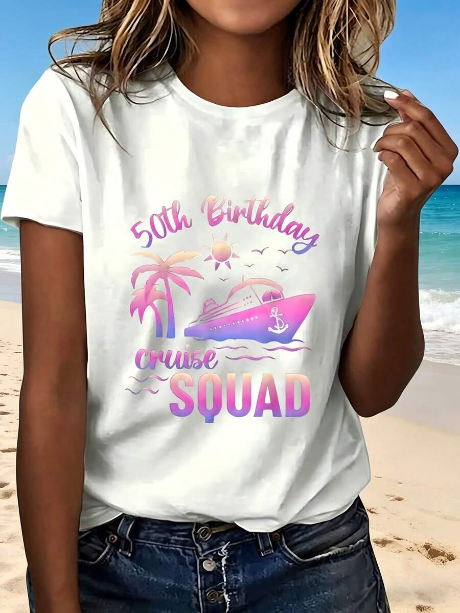 50th Birthday Cruise Squad T-Shirt With Palm Tree Ship Design Fashionable Fun Beach Party Outfit Perfect Gift For Women Summer Vacation Celebration Casual Wear Trendy Style Lightweight Comfortable Top - Blanco - Ver 1