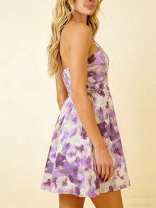 Women's Floral Halter Neck Mini Dress Ruched Backless A-Line Maternity Party Dress With Adjustable Self-Tie - Morado - Ver 5