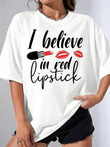 Women's Black And White T-Shirt, Plus Size White T-Shirt With "I Believe In Red Lipstick" Graphic Print, Lipstick And Lips Design, Women's Summer Casual Wear, Printed T-Shirt For Outdoor Parties, 180g - 白色 - 查看 7