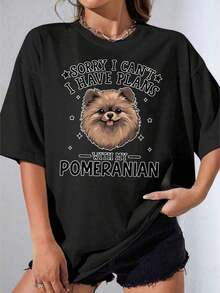 Camisetas de Mujer, Manga Corta Casual para Fiesta, Camiseta de Cuello Redondo Blanca con Estampado 'Lo Siento, no puedo, tengo planes con mi perro Pomerania' para Uso Casual y Atuendos para Amantes de Mascotas, 180g - Negro - Ver 7