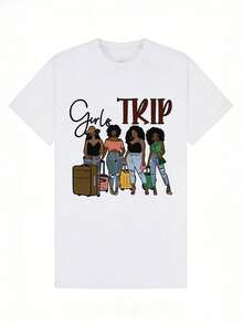 Camiseta de manga corta con cuello redondo suave y casual para mujer, con estampado gráfico de ilustraciones de viajes de chicas, adecuada para uso diario. Negro. - Blanco - Ver 4