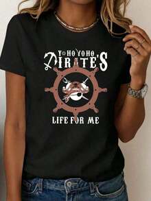 Colección de Verano para Mujer LooseLadies. Camiseta para Mujer, Camiseta de Verano con Cuello Redondo, con el Estampado "Yo Ho Yo Ho Pirate's Life For Me" y un Diseño de Timón Náutico y Calavera, Hecha de Tela Suave, un Top Casual de Estilo Aventurero, Ideal para Entusiastas de Piratas, Fiestas Temáticas y Uso Diario, y Vibrante. Camiseta de algodón, combina con todo, ligera, de manga corta. Camiseta básica de algodón con cuello redondo para mujer. - Negro - Ver 6