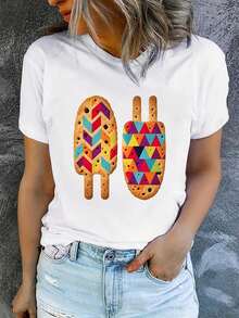 Camiseta de verano para mujer, de manga corta y estampada, moderna y casual, lavable a máquina, ajuste cómodo, estampado plano 2D. - Blanco_07 - Ver 12