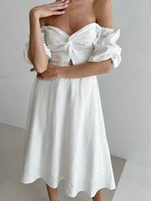 Vestido francés cuello cuadrado con textura arrugada, mangas abullonadas y corte A, modelo elegante 2026. - Blanco - Ver 2