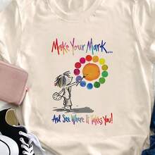 Camiseta casual de verano para mujer, de manga corta, con estampado artístico, suave, de cuello redondo, ligera, lavable a máquina, para primavera-verano, ropa casual de mujer en tela elástica. - Albaricoque - Ver 7