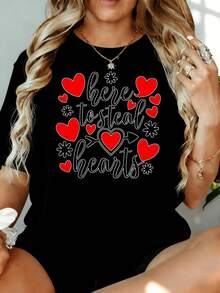 Camiseta de San Valentín "Aquí Para Robar Corazones" para Mujer, Bonita Camiseta con Estampado de Corazón, Corte Holgado Casual, Regalo de Moda para el Día de San Valentín, 180g, para Ocio en Casa, al Aire Libre, Regalo para Fiesta de San Valentín - Negro - Ver 1