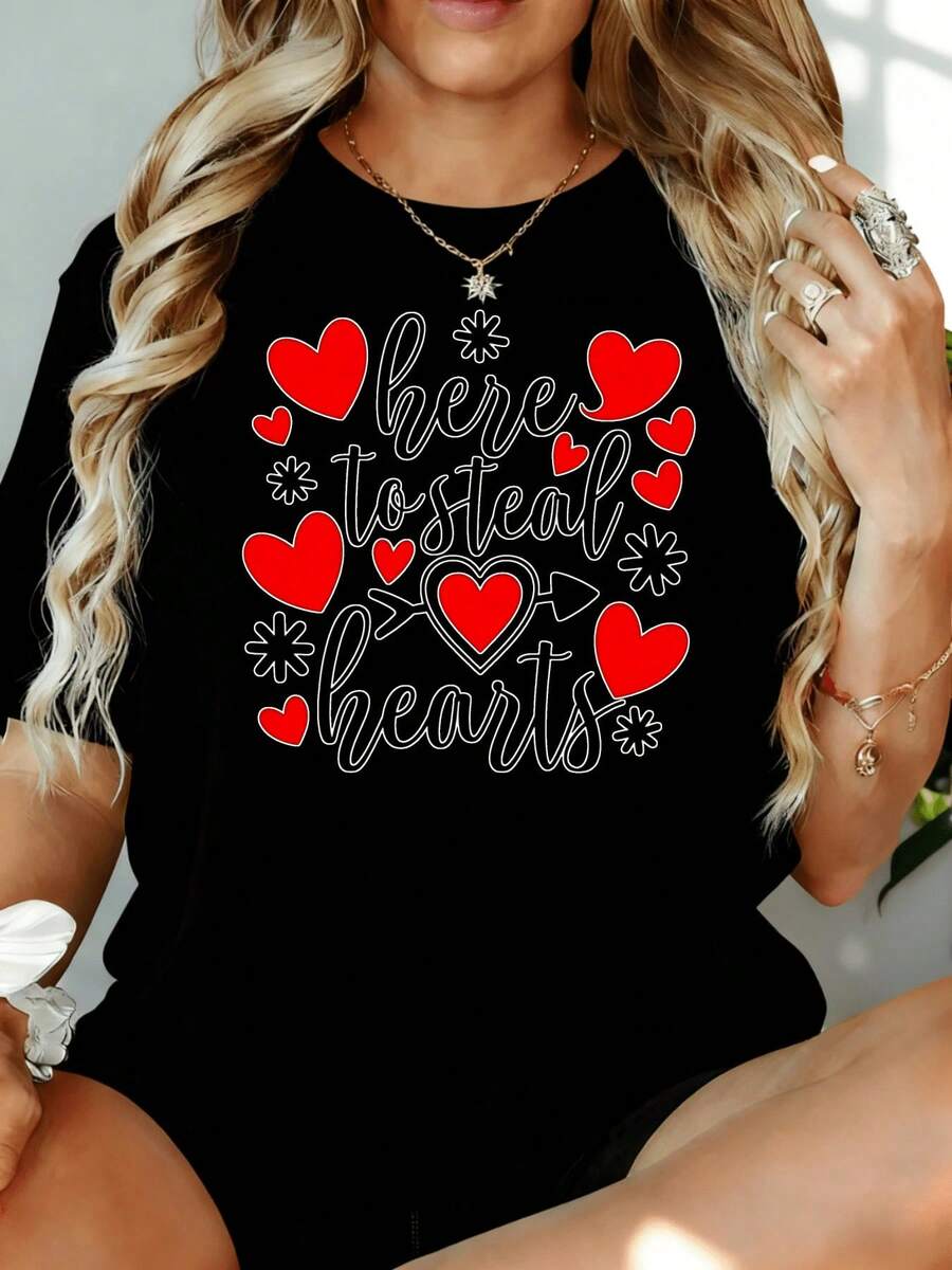 Camiseta de San Valentín "Aquí Para Robar Corazones" para Mujer, Bonita Camiseta con Estampado de Corazón, Corte Holgado Casual, Regalo de Moda para el Día de San Valentín, 180g, para Ocio en Casa, al Aire Libre, Regalo para Fiesta de San Valentín - Negro - Ver 1