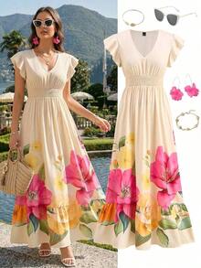 Vestido largo elegante de mujer con cintura fruncida y volantes, vestido de verano para vacaciones, vestido para citas - Multicolor 5 - Ver 3