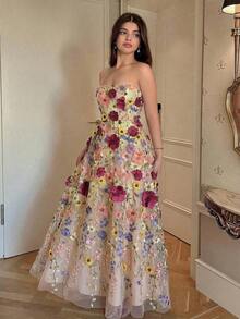 Último diseño: vestido elegante y romántico con bordado floral morado en tul, que ciñe la cintura sin mangas, adecuado para primavera y verano - Marrón - Ver 3