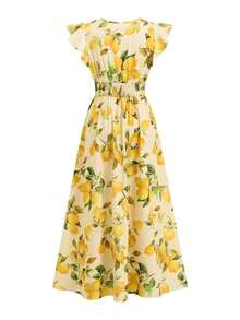 Vestido largo elegante de mujer con cintura fruncida y volantes, vestido de verano para vacaciones, vestido para citas - Amarillo - Ver 7