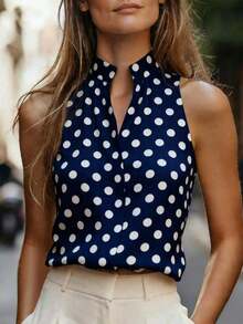 Blusa de mujer casual sin mangas con estampado de lunares, cuello en V, top de mujer, camiseta de mujer, con lunares, retro, diaria, de verano, de vacaciones - Azul - Ver 6
