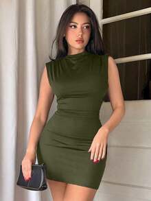 Vestido ajustado con fruncidos de estilo minimalista y sin mangas de unicolor para mujer - Verde militar - Ver 6