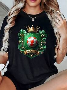 Escudo verde con balón de fútbol coronado que simboliza la pasión por el gol la energía del deporte y la fuerza del triunfo camiseta de mujer casual moderna cómoda para fanáticas del fútbol - Negro - Ver 6