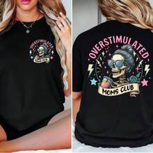 Camiseta de Verano Premium Estampada para Mujer, Camiseta de Doble Cara "Overstimulated Moms Clubs", Camiseta "Skeleton Mama", Camiseta "Mom Shirt", Camiseta "Funny Mama", Camiseta de Regalo para el Día de la Madre, Top de Algodón de Talla Completa - Blanco - Ver 2