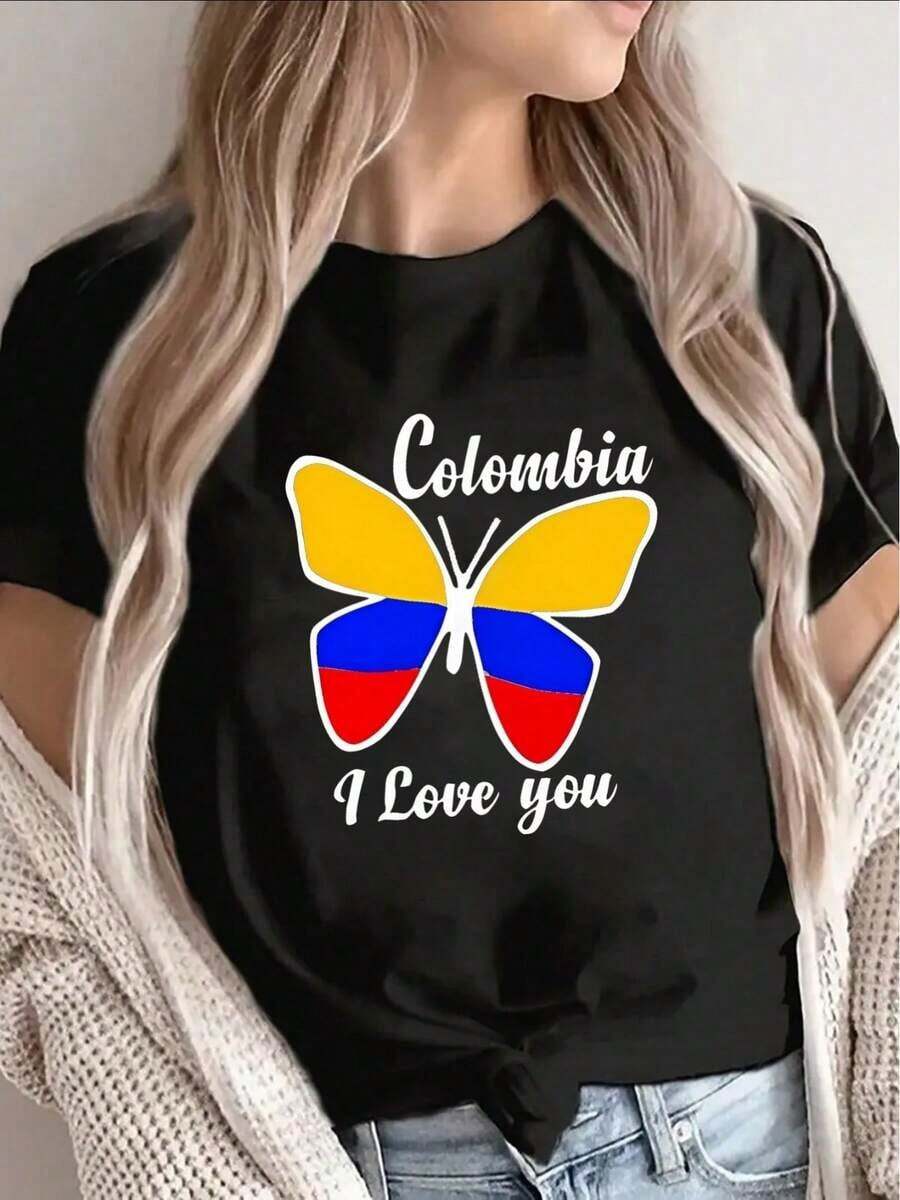 100% Cotton Lightweight T-Shirt With A Butterfly Design And The Colombian Flag, Printed With 'Colombia I Love You'. Ideal For Casual Outings, Outdoor Adventures, Or Lounging At Home, It Offers A Comfortable Fit For Everyday Wear. - 黑色 - 查看 1