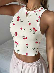 Top sin mangas de ajuste ceñido con cuello de tripulación y estampado de cereza en estilo minimalista casual, adecuado para el verano - Multicolor - Ver 4