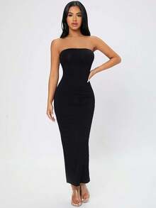 Vestido De Tubo Sin Tirantes Con Espalda Dividida Para Mujeres En Verano - Negro - Ver 4