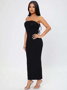 Vestido De Tubo Sin Tirantes Con Espalda Dividida Para Mujeres En Verano - Negro - Ver 5