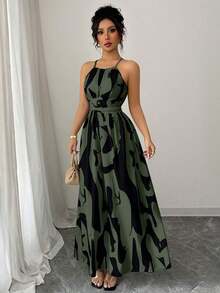Vestido de línea A con estampado gráfico en blanco y negro, con hombros abiertos, nudo retorcido y escote de halter, elegante para primavera/verano de las mujeres - Verde 2 - Ver 5