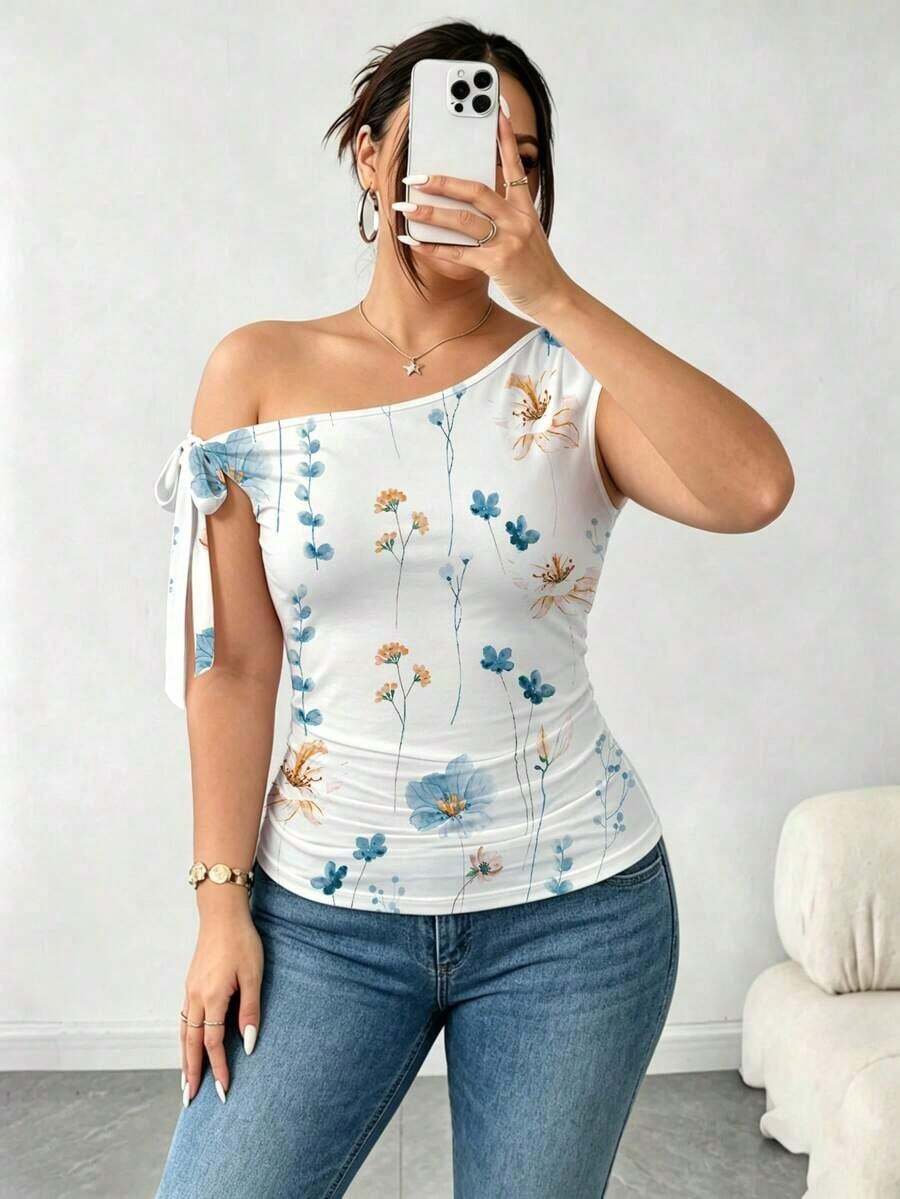 Camiseta ajustada de mujer talla grande de unicolor y cuello asimétrico, para verano - Multicolor 6 - Ver 1