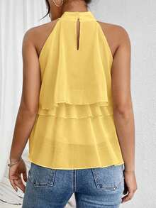 Blusa de gasa con volantes asimétricos y cuello suelto - Amarillo - Ver 2