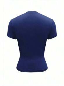 Camiseta casual corta de mujer de manga corta con botones en la parte delantera, color azul marino sólido - Azul marino - Ver 2