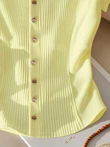 Camiseta estilo casual de verano para mujer de unicolor con botones delanteros y drapeado - Amarillo - Ver 3