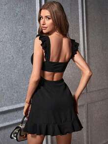 Vestido unicolor con abertura de espalda abierta ribete con fruncido - Negro - Ver 4