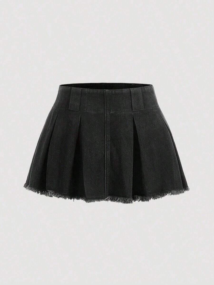Falda Vaquera De Mezclilla Para Mujer En Color Sólido Con Borde Desfilachado - Negro 2 - Ver 1