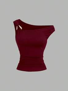 Camiseta ajustada con cuello asimétrico talla grande, top casual versátil, primavera/verano - Burdeos - Ver 4