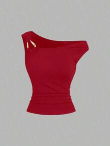 Camiseta ajustada con cuello asimétrico talla grande, top casual versátil, primavera/verano - Rojo - Ver 4