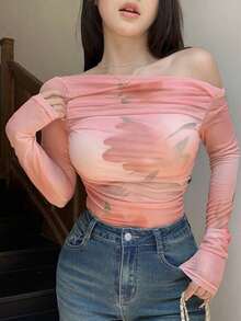 Top ajustado de malla transparente con hombros descubiertos y efecto tie-dye para mujeres, ideal para salir.Tops de manga larga para mujeres para el Día de San Valentín - Rosa - Ver 5