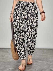 Pantalones casuales de verano para mujer de talla grande con estampado geométrico, cintura alta y dobladillo con cordones para usar a diario o salir - Multicolor 2 - Ver 1