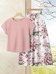 Set de 2 piezas Blusa de unicolor + Falda estampada con flores moradas de estilo casual de vacaciones para mujer, Conjunto de verano para mujer, Conjunto de falda y blusa, Conjunto de falda y blusa para mujer, Conjunto de falda estampada de pri - Multicolor 15 - Ver 1